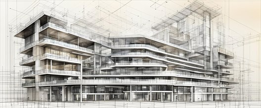 Blueprint featuring a modern building with a complex, curved design, horizontal aspect ratio, off
