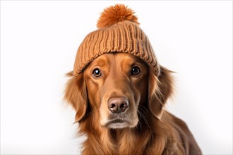 Cute dog with orange knitted hat on white background.KI generiert, generiert AI generated