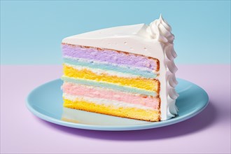 Slice of rainbow colored layered cream cake on blue plate. KI generiert, generiert AI generated