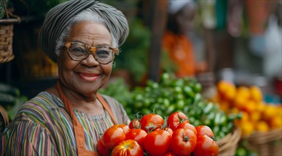 Cheerful woman in African attire with eyeglasses holding a basket of tomatoes at a fruit stand, ai