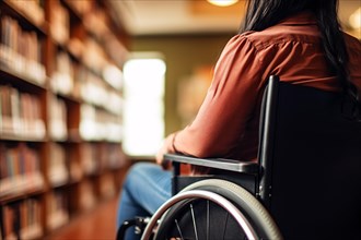 Woman in wheelchair with blurry college or university library in background. KI generiert,