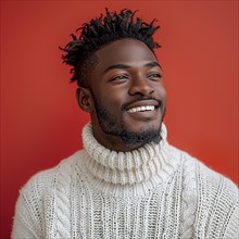 Portrait of a happy student standing in front of a colored background with a trendy sweater