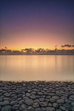 Coastal fortification on the North Sea, long exposure, sunset, Weser estuary, Cuxhaven, Lower