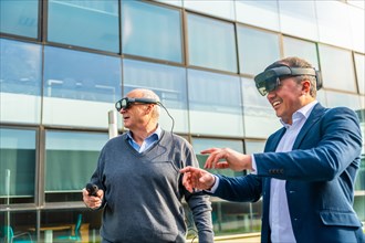 Senior and mature businessmen using the VR headset with actions outdoors next to a financial
