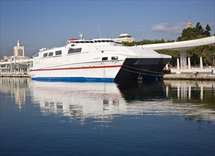 Alcantara Dos catamaran ferry at the quayside in new port development in Malaga, Spain, Europe