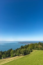View from the Pfaender, 1064m, local mountain of Bregenz, to Lindau, Lake Constance, Vorarlberg,