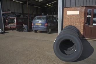 Vehicle tyre repair garage workshop, Melton, Suffolk, England, United Kingdom, Europe