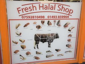 Halal butcher shop sign for beef cuts
