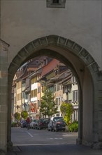 Old town of Dissenhofen on the Rhine, town gate, eaves houses, Frauenfeld district, Canton Thurgau,