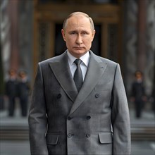 President of the Russian Federation, Vladimir Vladimirovich Putin with grey double-breasted suit,