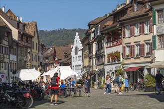Stein am Rhein, historic old town, town hall square, inn, half-timbered houses, flower decorations,