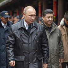Russian President Vladimir Putin stands with General Secretary of China Xi Jinping, ai generated,