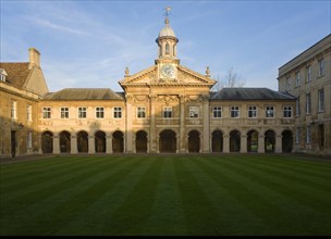 Clock tower and quadrangle courtyard of Emmanuel College, University of Cambridge, England, United