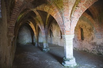 Vaulted roof and pillars in the cellar of the historic Guildhall, Blakeney, Norfolk, England,