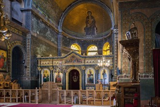 Interior view of Hagia Sofia church, also known as Agia Sofia, altar, chandelier, Thessaloniki,
