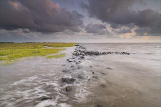 Landscape photography along the North Sea coast at high tide, Querfotmat, evening light, landscape
