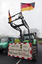Tractor with sign, Not our government, Farmer protests, Demonstration against policies of the