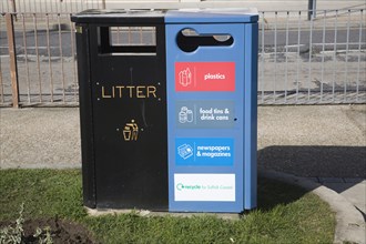 Litter bins for sorted rubbish recycling in a street, UK
