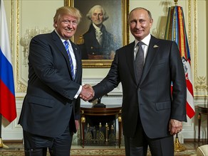 Russian President Vladimir Putin stands with USA President Donald Trump. AI generated