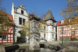 Market fountain on the market square with half-timbered houses, Idstein, Taunus, Hesse, Germany,