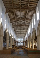 View down the nave inside Holy Trinity church, Blythburgh, Suffolk, England, United Kingdom, Europe
