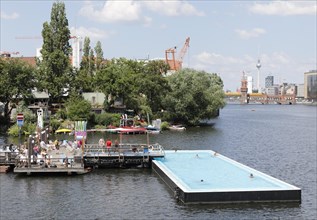 Badeschiff Berlin, a floating bathing establishment in the middle of the Spree, on 23 June 2019