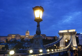 Chain Bridge in Budapest at the blue hour, in the background the Castle Palace, 21.07.2019
