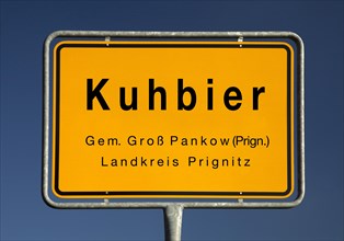 Town sign Kuhbier, municipality of Gross Pankow, district of Prignitz, Brandenburg, Germany, Europe