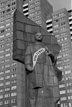 Lenin Monument with banner No Violence shortly in front of the start of demolition work,