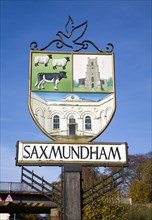 Town sign for Saxmundham, Suffolk, England, United Kingdom, Europe