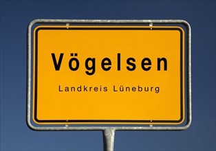 Town sign Voegelsen, joint municipality of Bardowick, district of Lueneburg, Lower Saxony, Germany,
