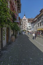 Stein am Rhein, historic old town, lower town with town gate, half-timbered houses, tourists,