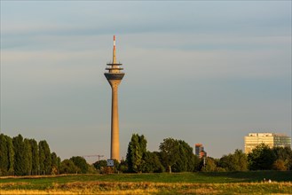 Television tower rises at dusk with orange sky and blue clouds over green grass field, Duesseldorf,