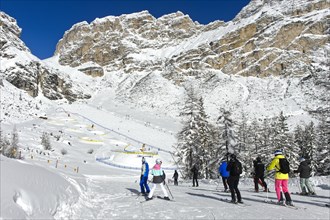 Skiers on the way to the Colfosco Edelweiss Snowpark, Colfosco, Colfosco, Alta Badia ski area,