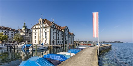Historic granary and boats in the harbour of Rorschach, Lake Constance, Canton of St. Gallen,