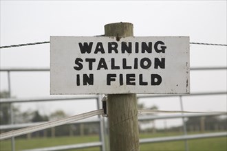 Sign warning stallion in field