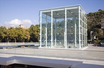 Glass box structure in Muelle Uno port development providing stairs to underground car park Malaga,