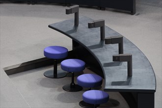 Empty stenographer's stools in the plenary of the German Bundestag, Berlin, 19 February 2024. the