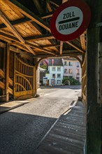 Dissenhofen am Rhein, border town, wooden bridge, customs sign, Frauenfeld district, Canton