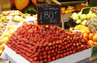 Fresh Spanish strawberries at the fruit and vegetable market in Malaga, 12/02/2019