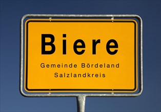 Place name sign Biere, district of the municipality Boerdeland, Salzlandkreis, Saxony-Anhalt,