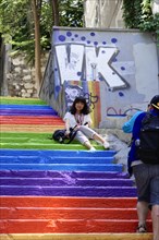 Tourists, painted staircase in rainbow colours, Istanbul, European part, Istanbul province, Turkey,