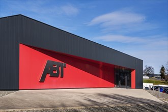 Red facade with logo and lettering, Abt Sportsline GmbH, Kempten, Bavaria, Allgaeu, Germany, Europe