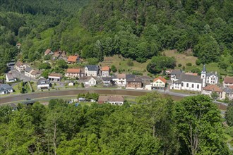 View from the ruins of Luetzelbourg to the village of Lutzelbourg with the Rhine-Marne Canal,