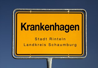 Town sign Krankenhagen, incorporated village of the town of Rinteln, district of Schaumburg, Lower