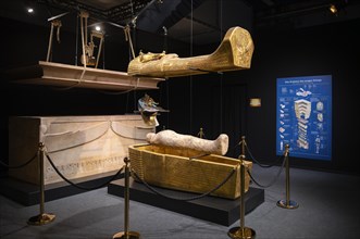 Exhibition about Tutankhamun, immersive, interactive, explosive display of the tomb, sarcophagus,