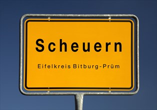 Place name sign Scheuern, Eifelkreis Bitburg-Pruem, Rhineland-Palatinate, Germany, Europe