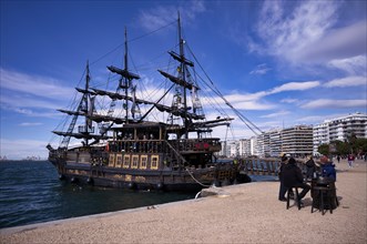 Tourist ship, excursion boat, pirate ship Arabella, Thessaloniki Pirates, anchored on the
