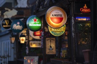 Illuminated advertising for beer brands, Logos, Amstel, Heineken, Mythos, Grants, Bar, Peraia, also