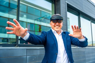 Businessman gesturing wearing augmented reality innovative goggles outdoors in a financial complex